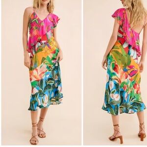 FARM Rio Mixed Flowery Ruffle One Shoulder Midi Dress Size M
